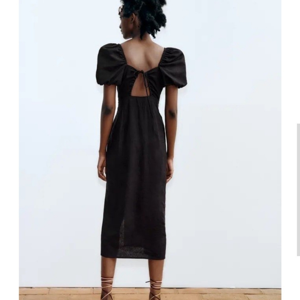 Zara NWT black Linen midi dress Puff Sleeves Open Back L - Picture 2 of 12